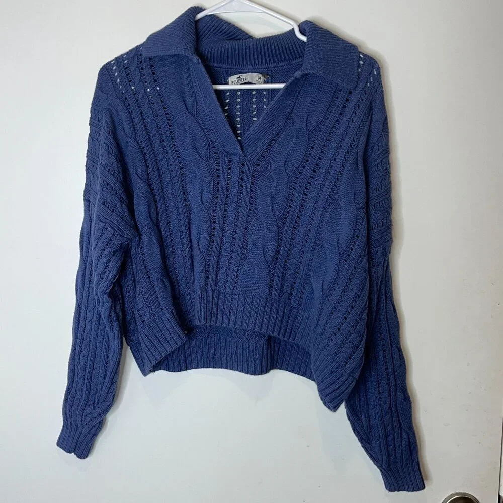Hollister Blue Cable Knit V-Neck Collared Sweater M